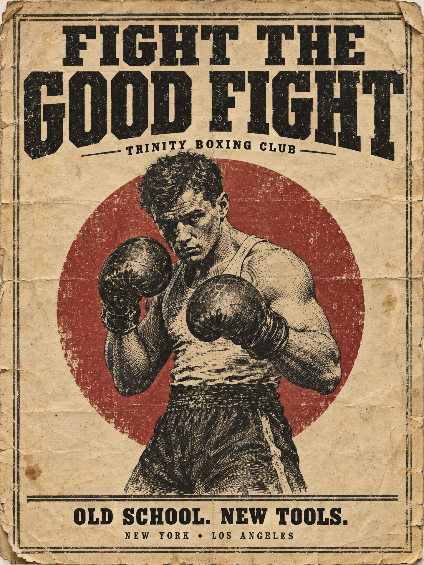 AI-created vintage fight-bill poster reading Fight the Good Fight, Trinity Boxing Club
